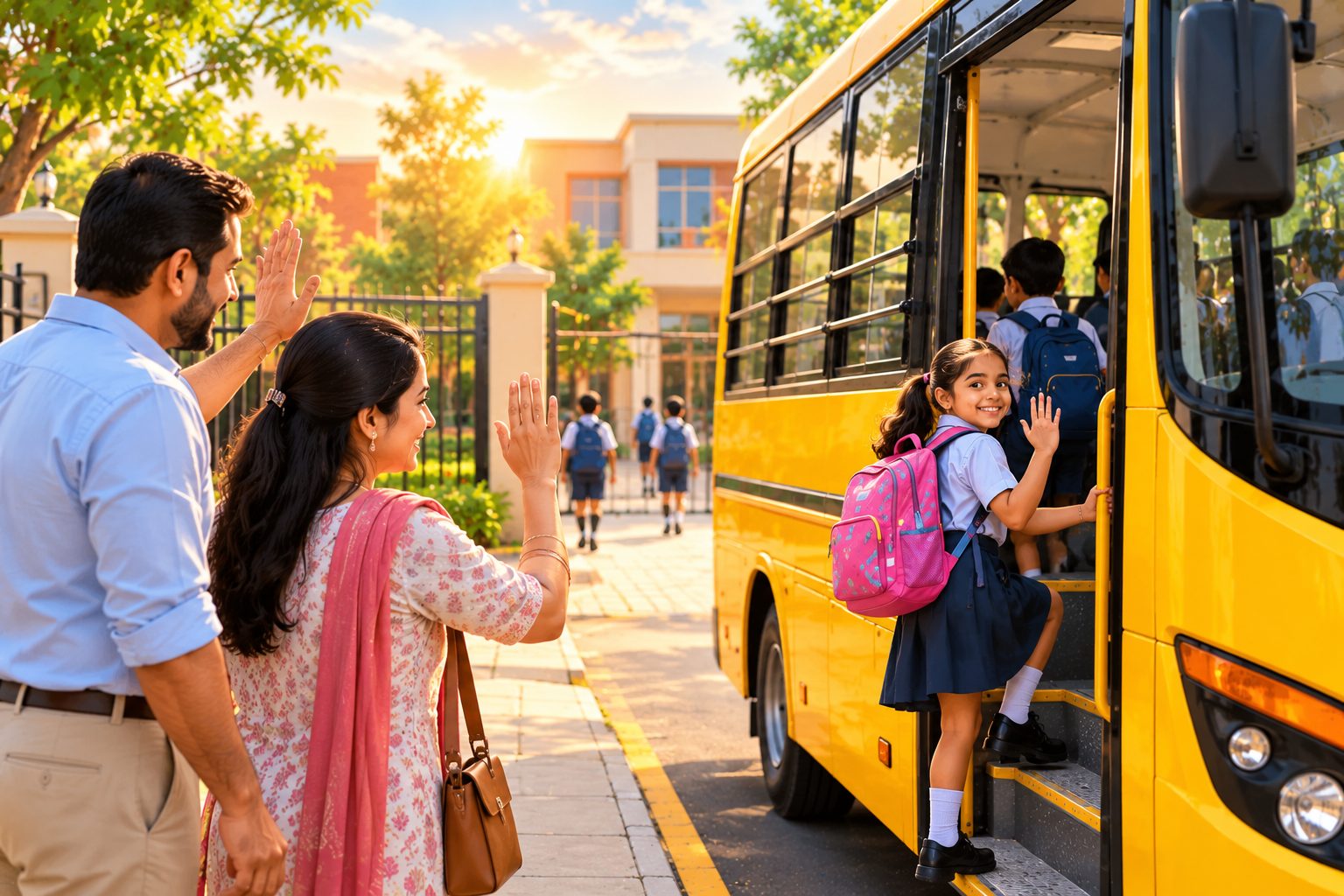 Parents waving goodbye as their child boards the school bus