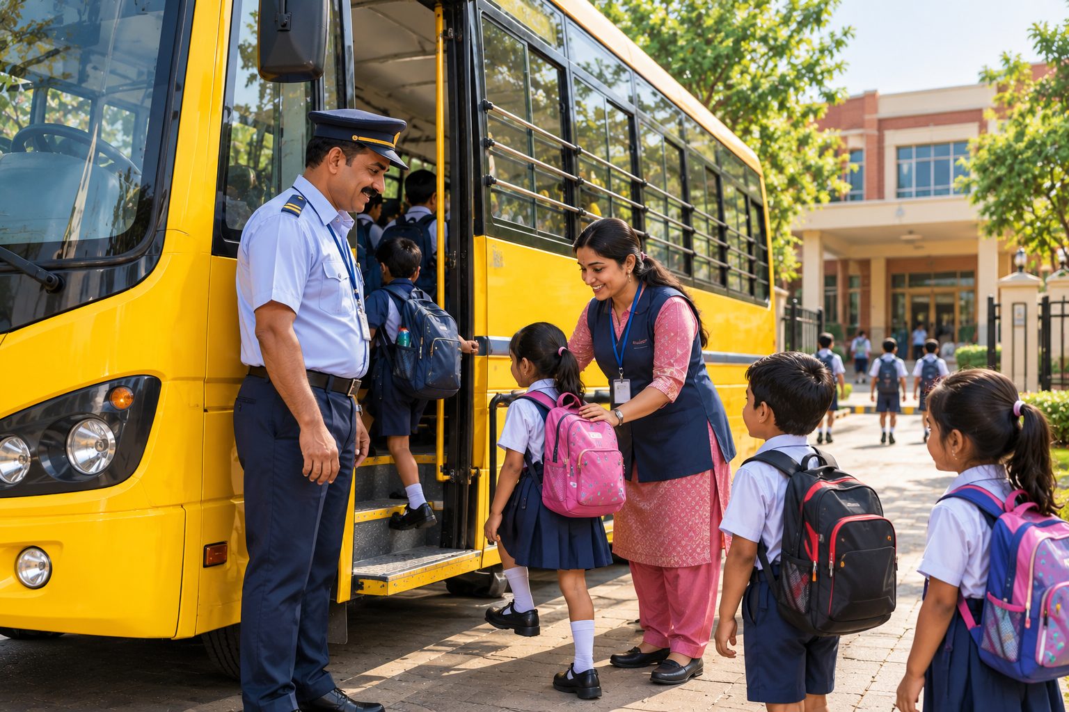 Driver and attender helping children board the school bus