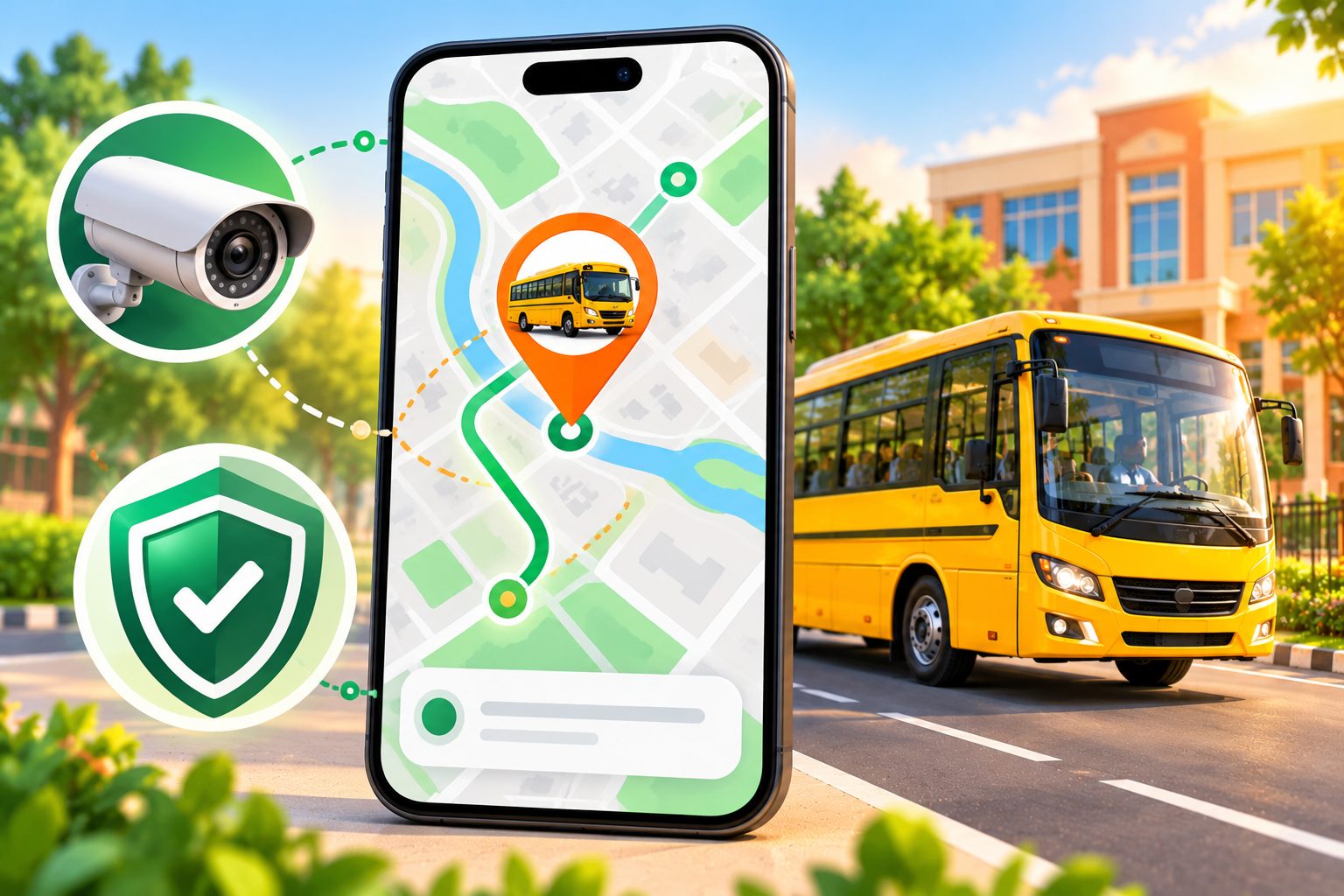 Live bus location on a phone with camera and safety checks